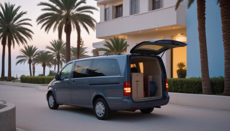 Furgoneta de taxi cargando maletas frente a un hotel de playa en Santa Susanna al amanecer